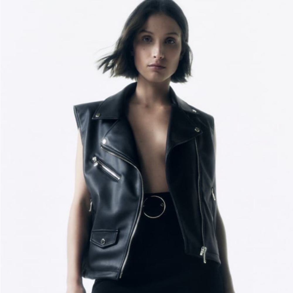 Zara Black Sleeveless Biker Vegan-Leather Vest with Gold Color Zippers